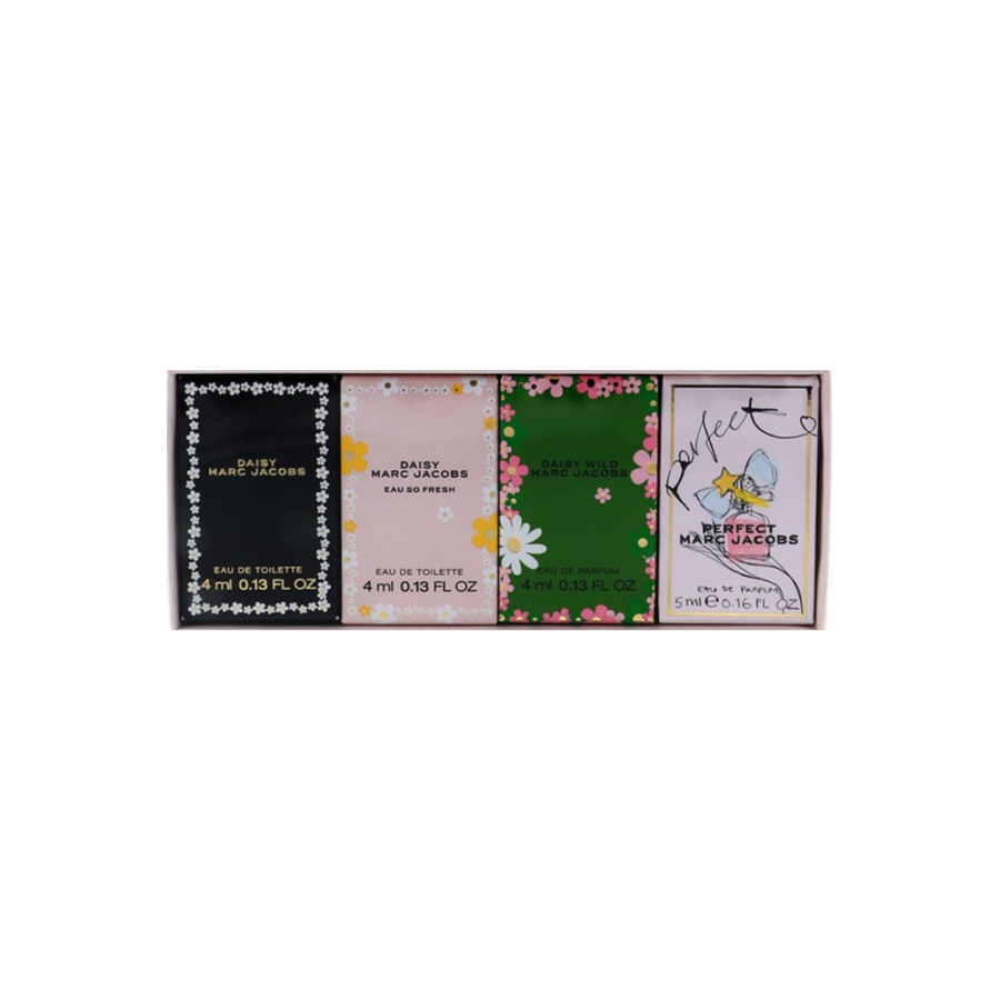 Marc Jacobs Variety Set (Daisy Eau De Toilette 0.13 oz + Daisy Eau So Fresh Eau De Toilette 0.13 oz + Daisy Wild Eau De Parfum 0.13 oz + Perfect Eau De Parfum 0.16 oz)